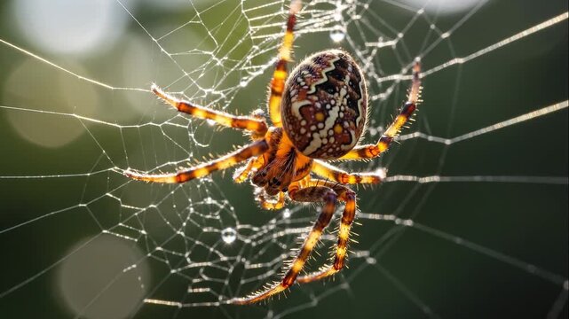 Garden Orb-Weaver Spider on Web Backlit by Golden Sunlight