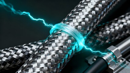 Close-up of a high-tech carbon fiber cable bound by a single glowing neon silk thread, revealing luxury aesthetics and precision engineering.