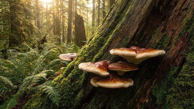 Ganoderma fungi on tree trunk illuminated by dawn light forest ecology
