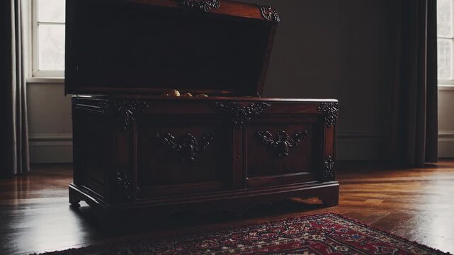 Low-angle video shot of an ornate wooden chest in a dimly lit room, highlighting intricate carvings and vintage elegance on a patterned rug.