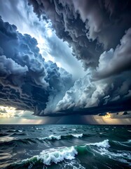 Fototapeta premium Dramatic view of stormy skies over ocean waters, showing heavy rain
