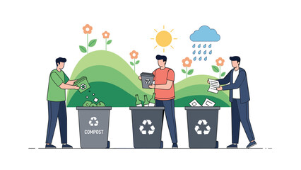 Group of people are sorting waste into different recycling bins for compost glass and paper to protect the natural environment.
