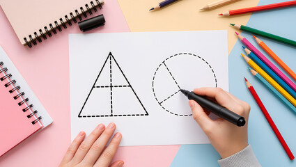 Top view of hands tracing geometric shapes on educational worksheet