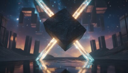 Abstract pillar support scene with two leaning light pillars supporting a heavy stone block, symbolic architectural balance and weight