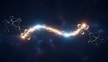 Abstract molecular connection: two simple molecules bound by a bright light bridge, conceptual chemistry illustration, science art