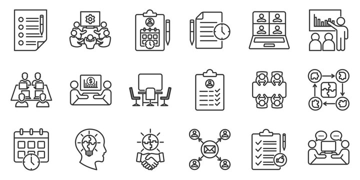 Meeting outline icon set. Contain agenda, planning, minutes meeting, online meetings, teams, business, facilitation, effectiveness, coordination, scheduling, communication. presentation, preparation