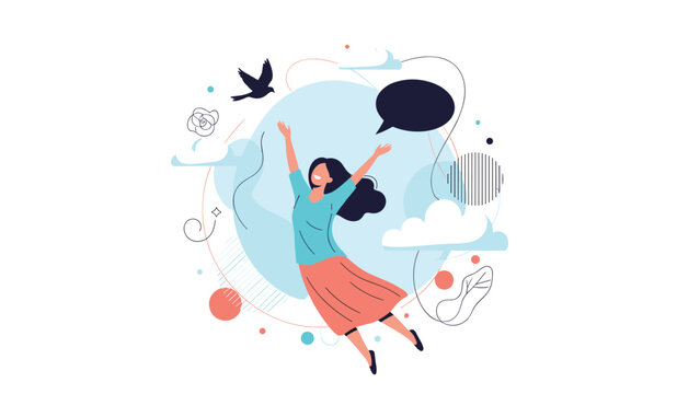 Joyful woman jumps high in the air with her arms raised while a bird flies nearby and a black speech bubble floats in the blue sky.