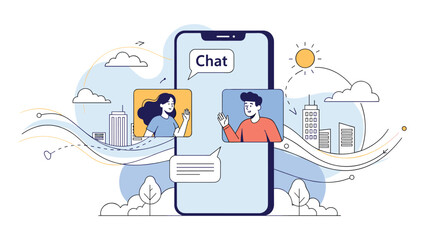 Two young people communicate through a video chat application on a giant smartphone screen in a stylized urban landscape with a sun.