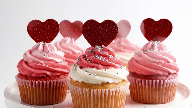 Valentine's Day Cupcakes with Heart Toppers - This close-up shot features a row of Valentine's Day themed cupcakes, decorated with pink and white frosting, silver sprinkles, and a red glitter heart