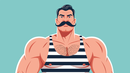 Strong circus man with a large mustache and a striped tank top stands proudly against a blue background showing his muscular physique.