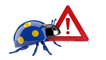 Blue ladybug with yellow spots next to a red warning sign