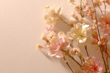 Minimal Mother's Day background with soft flowers and warm pastel tones creating gentle feminine atmosphere perfect for greeting card design and seasonal celebration promotional marketing concept.