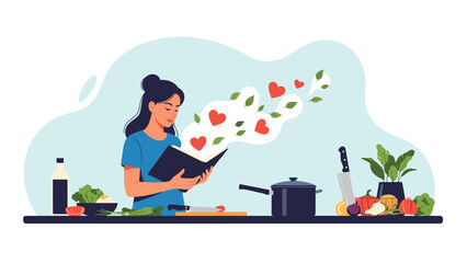 Young woman in a blue shirt reads a cookbook in the kitchen while floating hearts and leaves emerge from the pages of the recipe book.