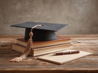 Calm graduation still life with diploma notebook and pen on clean wooden table, adaptable for editorial and commercial use, perfect for lifelong learning and academic success concept