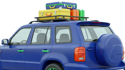 Blue SUV loaded with colorful luggage on roof rack for travel
