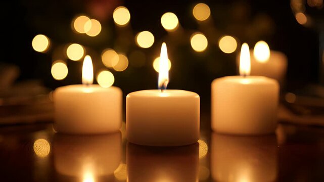 Lit Candles with Bokeh Background - This video shows three lit, white candles sitting on a reflective surface. Behind the candles are warm, blurred bokeh lights adding to the cozy ambiance.