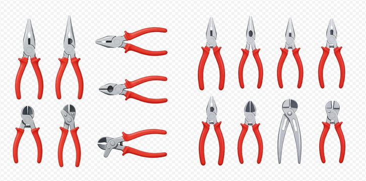 Collection of various pliers with red handles, including needle-nose, cutting, and combination pliers, isolated on a transparent background.