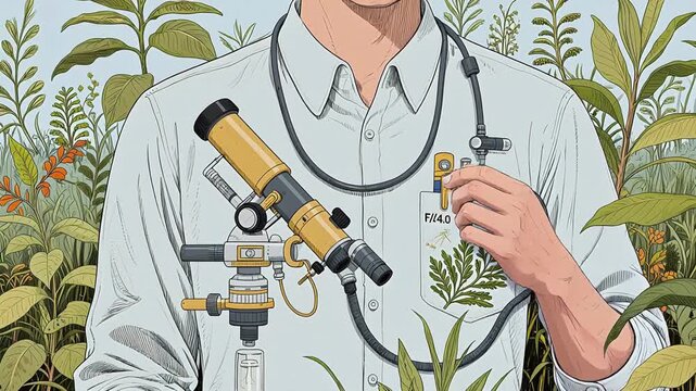 Scientist with microscope in botanical setting