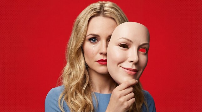 Intense woman revealing complex emotions, holding a two-faced theatrical mask with a red eye against a vibrant crimson backdrop, exploring hidden identity and inner struggle