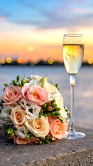 Flowers and a wine glass sit on stone against a sunset backdrop, hinting celebration and tranquility