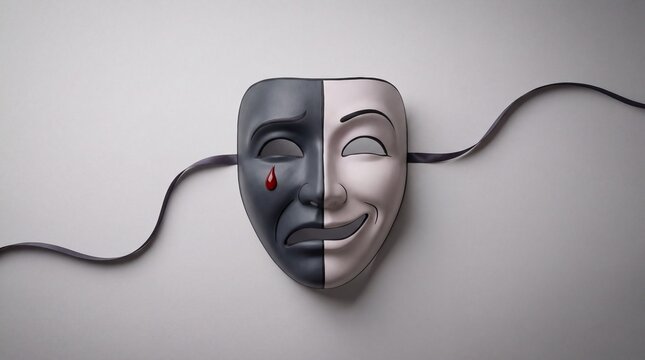 Symbolic split mask vividly portrays emotional duality. One half represents sorrow with a red tear, the other joy with a smile, connected by dark wires