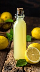 Lemonade in a bottle, surrounded by lemons and leaves, rests atop a weathered, wooden surface with a blurred backdrop