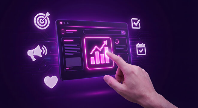 Person hand touching virtual digital marketing dashboard with glowing neon icons for growth analytics data strategy business success and social media optimization on dark background - Powered by Adobe