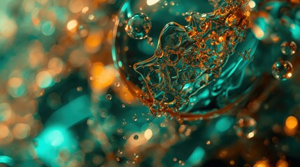 Abstract Macro Background of Floating Oil Droplets in Vibrant Teal and Golden Amber Colors with Soft Bokeh Lighting Effects