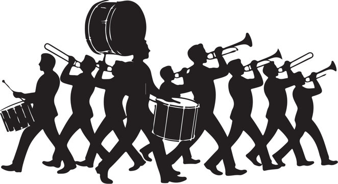 Silhouette of marching band playing brass and percussion instruments