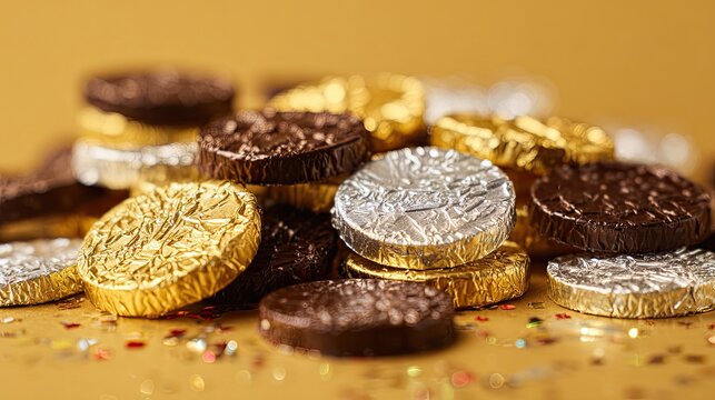 A vibrant assortment of chocolate coins in gold, silver, and bronze, scattered on a shiny surface, perfect for festive occasions and celebrations.