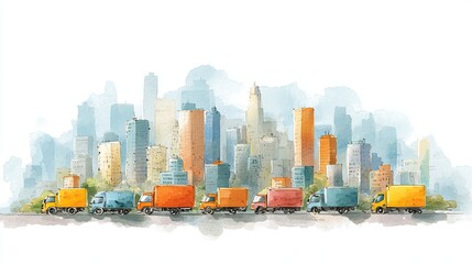 A watercolor illustration of colorful trucks lined up against a vibrant city skyline, showcasing urban transport and architecture.