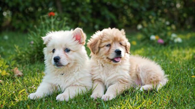 Two cute puppies on the grass