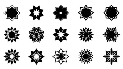 Geometric Eight Pointed Star Icons Set. Arabic Octagram Shapes, Islamic Art Vector Symbols, and Ornamental Mandala Collection.