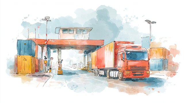 A vibrant watercolor illustration of a truck passing through a freight terminal, surrounded by shipping containers and a control tower.