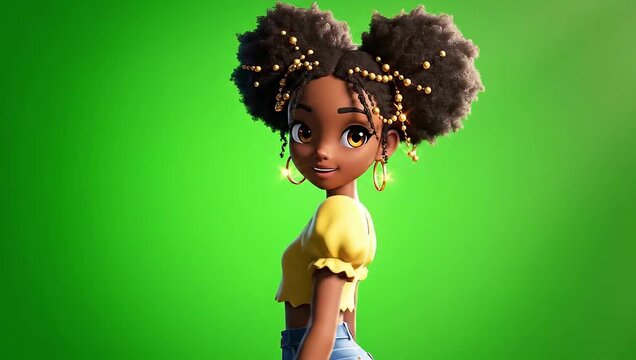 Cartoon Girl with Afro Hairstyles Green Background.