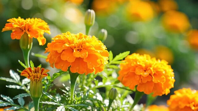Vivid orange marigold flowers blooming in a lush garden during daytime