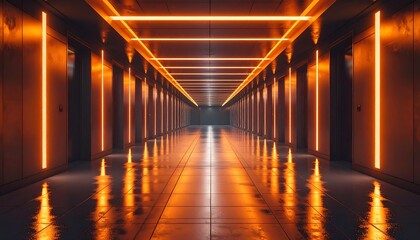 Fototapeta premium A sleek, modern hallway extends into the distance, illuminated by orange neon lights. The floor reflects the ambient glow