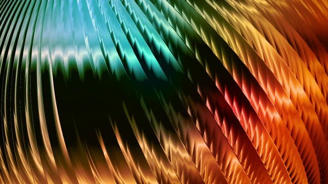 Vibrant rainbow abstract pattern with gradient chrome light waves for creative motion backgrounds, A bold, colorful abstract pattern with diagonal ridges and gradient lighting.