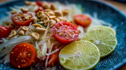 Fresh and Colorful Salad with Cherry Tomatoes, Lime Slices, and Ground Peanuts Served in a Bowl on a Wooden Table with Natural Lighting