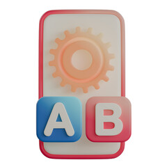 A 3D mobile screen showing a gear and A/B testing buttons for software quality assurance and development