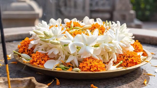 Beautiful floral arrangement of white and orange blossoms for special ceremonies