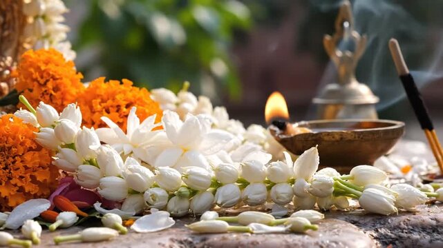 Traditional Hindu Ritual with Flowers and Incense in a Spiritual Ceremony