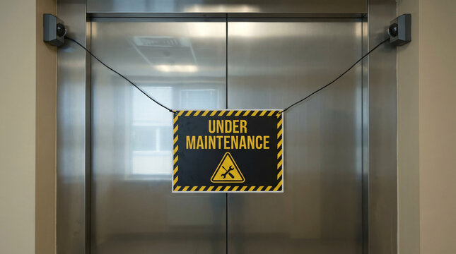 "Under Maintenance" warning sign on closed stainless steel elevator doors, indicating temporary service closure.
