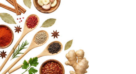 Assortment of Spices and Herbs on White Background, Top View
