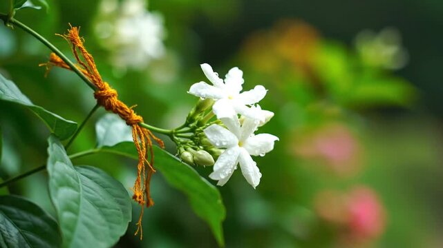 Close-up of delicate white flowers tied with a rustic string on a vibrant