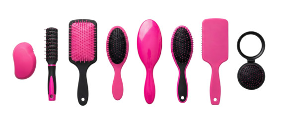 Collection of Assorted Pink and Black Hair Brushes and Comb Isolated