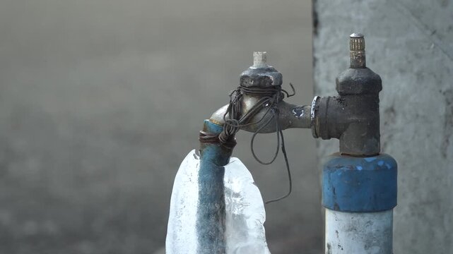 Close-up of a frozen outdoor water faucet with ice build-up on the pipe, highlighting the effects of cold weather on plumbing systems