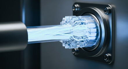 High-speed data transmission through fiber optic cable connected to futuristic glass precision connector, digital communication technology concept, glowing blue light stream, 3D render