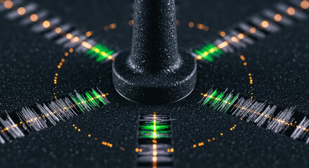 Macro view of audio mixer control surface with illuminated fiber optic lines and granular texture, abstract technology background