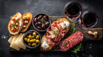 Italian Antipasto Platter with Bruschetta, Prosciutto, Olives and Red Wine on Rustic Wood.